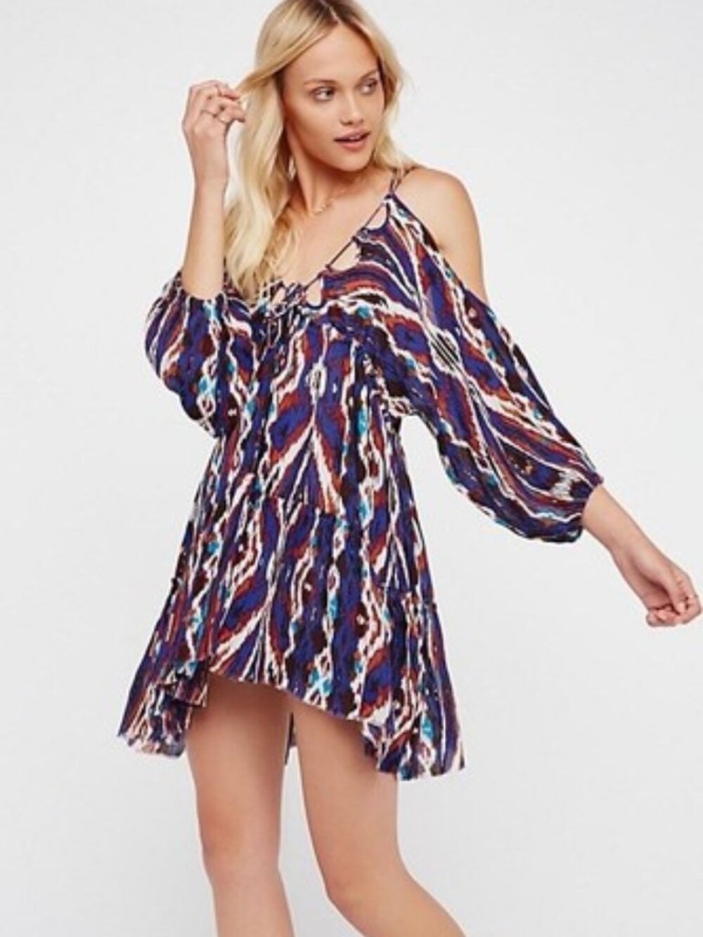Free People Monarch Blue Combo Boho Cold Shoulder Mini Trapeze Dress - Size S/M